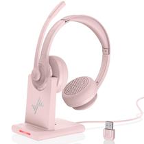 Fone de ouvido sem fio com microfone AI com cancelamento de ruído Fone de ouvido Bluetooth - fones de ouvido Bluetooth V5.2 com dongle USB, base de carregamento e microfone sem som para computador/laptop/PC/iPhone/Android/telefones celulares (rosa)