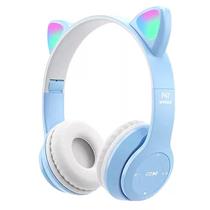 Fone de Ouvido Sem Fio Orelhas de Gato LED Headset Gatinho Azul Claro