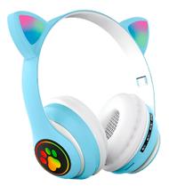Fone Headset Bluetooth Colorido Com LED Sem Fio Gatinho Cor:Azul