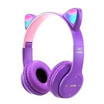 Fone Infantil Sem fio com Orelhas de Gato LEDs Bluetooth 5.0 Cartão Roxo