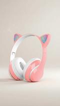 Fone Ouvido Gatinho Bluetooth LED Infantil Rosa