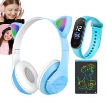 Fone Ouvido Gatinho Bluetooth relógio Led lousa Magica Lcd dia das crianças presente natal aniversario menino menina