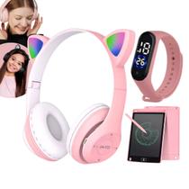 Fone Ouvido Gatinho Bluetooth relógio Led lousa Magica Lcd dia das crianças presente natal aniversario menino menina