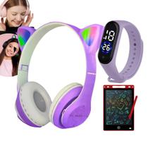 Fone Ouvido Gatinho Bluetooth relógio Led lousa Magica Lcd dia das crianças presente natal aniversario menino menina
