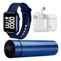 Fone sem fio Bluetooth Garrafa térmica led 500ml relógio digital smart Kit Esportes
