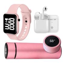 Fone sem fio Bluetooth Garrafa térmica led 500ml relógio digital smart Kit Esportes