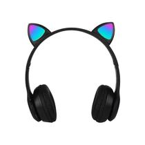 Fone Sem Fio Preto com LED nas Orelhas de Gatinho Bluetooth Dobrável Confortável e Entrada USB/P2 Recarregável USB