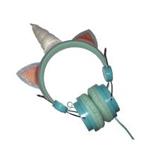 Fones de ouvido Glitter Unicorn Aqua Green com cabo auxiliar