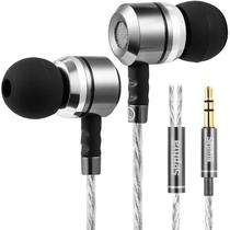 Fones de ouvido in-ear com som potente e isolamento de ruído. Caixa metálica para transporte.