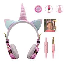 Fones de ouvido infantis com microfone com fio headband rosa