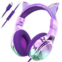 Fones de ouvido infantis com orelhas de gato QearFun USB-C com microfone e limitador de volume