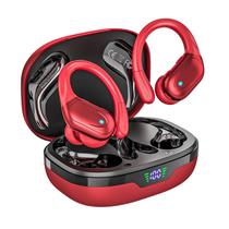 Fones de ouvido sem fio Fones de ouvido Bluetooth Reprodução de 80 horas Fones de ouvido Display de alimentação com cancelamento de ruído Microfone com ganchos de ouvido para esportes/treinamento/corrida, vermelho