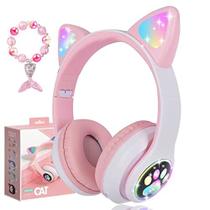 Fones de ouvido sem fio para crianças, LED Cat Ear, microfone, rosa - kuyaon