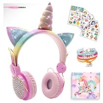 Fones de ouvido SVYHUOK Girls Pink Pompon com fio com microfone Unicorn