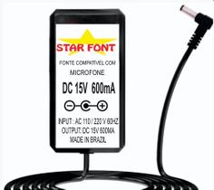 Fonte Carregador DC 15V para Microfone, Mixer e Receiver SHURE - Bivolt 600mA