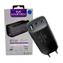 Fonte Carregador De Celular Turbo 65w GaN 3 em 1 Entrada 2 Tipo C e 1 USB