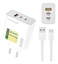 Fonte Carregador Tipo C 140W Ultra Rápido 3 Saídas + Cabo 1 Metro