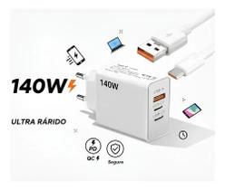 Fonte Carregador Tipo C 140W Ultra Rápido 3 Saídas + Cabo 1 Metro
