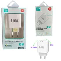 Fonte FAM Prime PD36 35W com USB-C + USB Carga Turbo QC4.0 Compatível Android e iOS