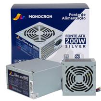 Fonte Monocron Office Silver Tipo ATX Operação Silenciosa Potencia 200W Com 5 Conectores Bivolt 110-220 Tipo Não Modular Fonte Monocron Office Silver Tipo ATX Operação Silenciosa Potencia 200W Com 5 Conectores Bivolt 110-220 Tipo Não Modular