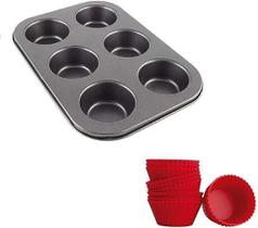 Forma Antiaderente 6 Cav + 6 Formas Silicone Cupcake Bolinho