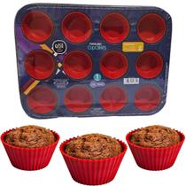 Forma Assadeira de Aço Carbono Antiaderente para Cupcakes com 12 Cavidades + 12 Formas de Silicone