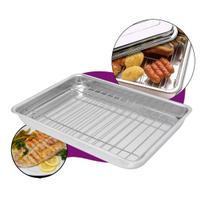 Forma Assadeira Retangular de Alumínio 29x46cm Polida Alta com Grelha para Frango, Bolo, Torta, Pão, Carne Padaria Cozinha Forno Elétrico e Fogão