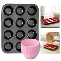 Forma Assadeira Teflon Antiaderente 12 Cavidades E Forminhas Cupcakes Silicone Muffins Pão De Queijo