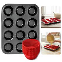 Forma Assadeira Teflon Antiaderente 12 Cavidades E Forminhas Cupcakes Silicone Muffins Pão De Queijo