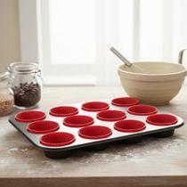 Forma Cupcake Antiaderente 12 Forminhas Silicone Kit Assadeira Teflon Grande Pão de Queijo Petit Gateou Muffin Empadinha Aço Carbono