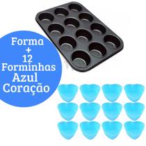 Forma Cupcake Antiaderente + 12 Forminhas Silicone Kit Assadeira Teflon Forma Cupcake Antiaderente + 12 Forminhas Silicone Kit Assadeira Teflon