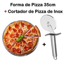 Forma de Pizza e Cortador de Pizza - Kit Assadeira Pizza Aluminio 35cm MAIS Cortador de pizza aço inoxidável - PANAMI - Jolu-lar
