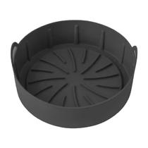 Forma Para Air Fryer Resistente em Silicone Redonda Preto Com Alças -