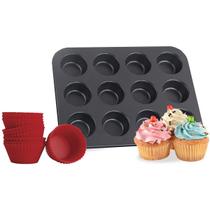 Forma para Cupcake e Muffin Assadeira com 12 Cavidades Antiaderente, Kit com 12 Forminhas de Silicone, Ideal para Mini Bolo e Air Fryer