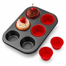 Forma para Cupcake e Muffin Assadeira com 6 Cavidades Antiaderente, Kit com 6 Forminhas de Silicone, Ideal para Mini Bolo e Air Fryer Forma para Cupcake e Muffin Assadeira com 6 Cavidades Antiaderente, Kit com 6 Forminhas de Silicone, Ideal para Mini Bolo e Air Fryer