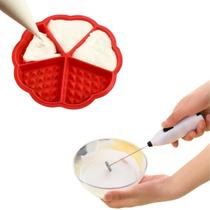 Forma Silicone Waffle Formato Coração C/ Mini Mixer Portátil Para Bebidas