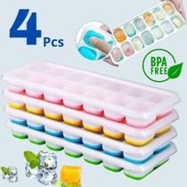 Formas de Gelo Silicone Com Tampa Rígida Flexível Fundo Retangular 14 Cubos Multiuso Lavável