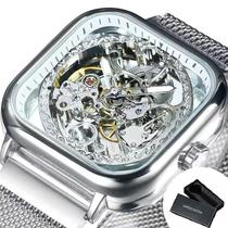 Forsining relógio automático esqueleto quadrado Sem gênero, mãos luminosas, movimento gravado, relógios mecânicos de luxo, pulseira de malha de aço