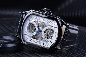 Forsining relógio de pulso, retrô, clássico, branco, azul, mãos, transparente, de luxo.