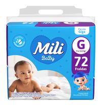 FRALDA BABY MILI 72 unidades, tamanho G 9 a 12,5 kg, barreiras antivazamento, dermatologicamente testada, produto nacional FRALDA BABY MILI 72 unidades, tamanho G 9 a 12,5 kg, barreiras antivazamento, dermatologicamente testada, produto nacional