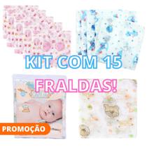 Fralda de Pano para Bebe Kit com 15 Unidades 60x60cm 100% algodão Minasrey - Dugu