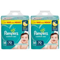 Fralda Descartável Pampers Confort Sec Super Tamanho M - 2 Pacotes com 70 Fraldas - 140 Total Tiras