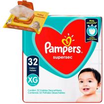 Fralda descartavel Pampers XG 32un combo com lenço umedecido