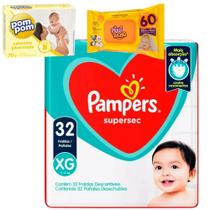 Fralda descartavel Pampers XG 32un Kit Sabonete Lenço Toalha