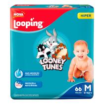 Fralda Looping Baby Looney Tunes Tamanho M Pacote Hiper com 66 Unidades Descartáveis
