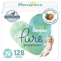 Fraldas Tamanho 0, 128 Contagem - Pampers Pure Protection Fraldas descartáveis de bebê, Proteção Hipoalergênica e SemCenida, Pacote Enorme (Embalagem Pode Variar)