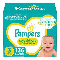 Fraldas Tamanho 3, 136 Contagem - Pampers Swaddlers Fraldas descartáveis para bebês, pacote enorme (embalagem pode variar)