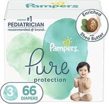 Fraldas Tamanho 3, 66 Contagem - Pampers Pure Protection Fraldas descartáveis de bebê, Proteção Hipoalergênica e SemCenida, Super Pack (Embalagens & Impressões Podem Variar)