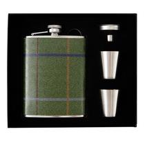 Frasco de aço inoxidável Hip Flask de 240 ml com envoltório de couro xadrez verde Frasco de aço inoxidável Hip Flask de 240 ml com envoltório de couro xadrez verde