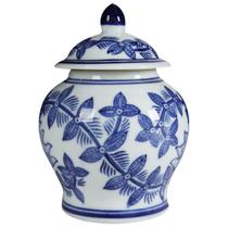 Frasco de porcelana Benzara 15 cm com tampa em forma de urna azul floral